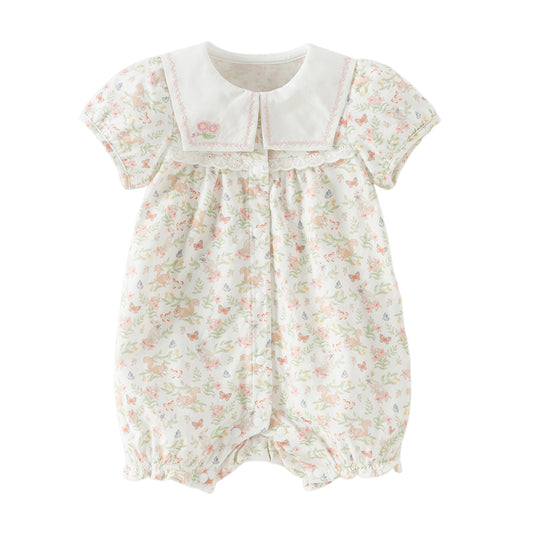 Dave&Bella Baby Girls Summer Cute Squirrel Print Beige Cotton Breathable Indoor Rompers
