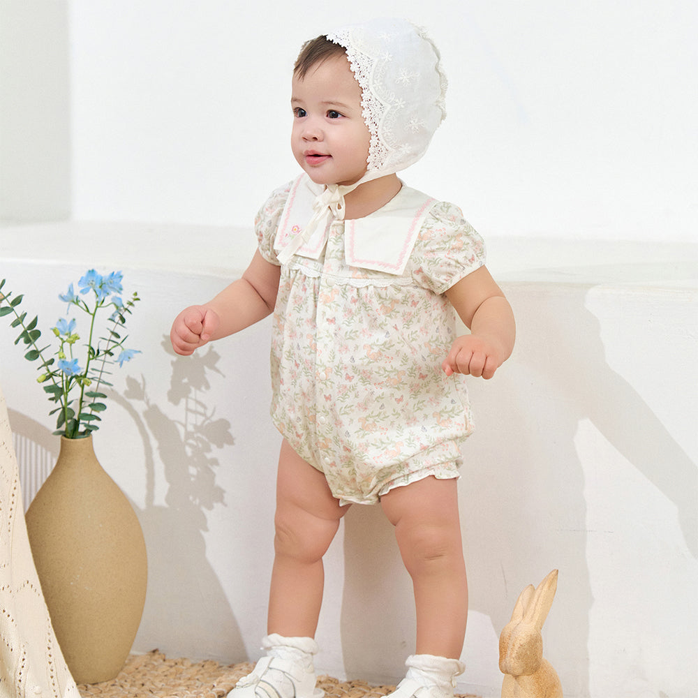 Dave&Bella Baby Girls Summer Cute Squirrel Print Beige Cotton Breathable Indoor Rompers