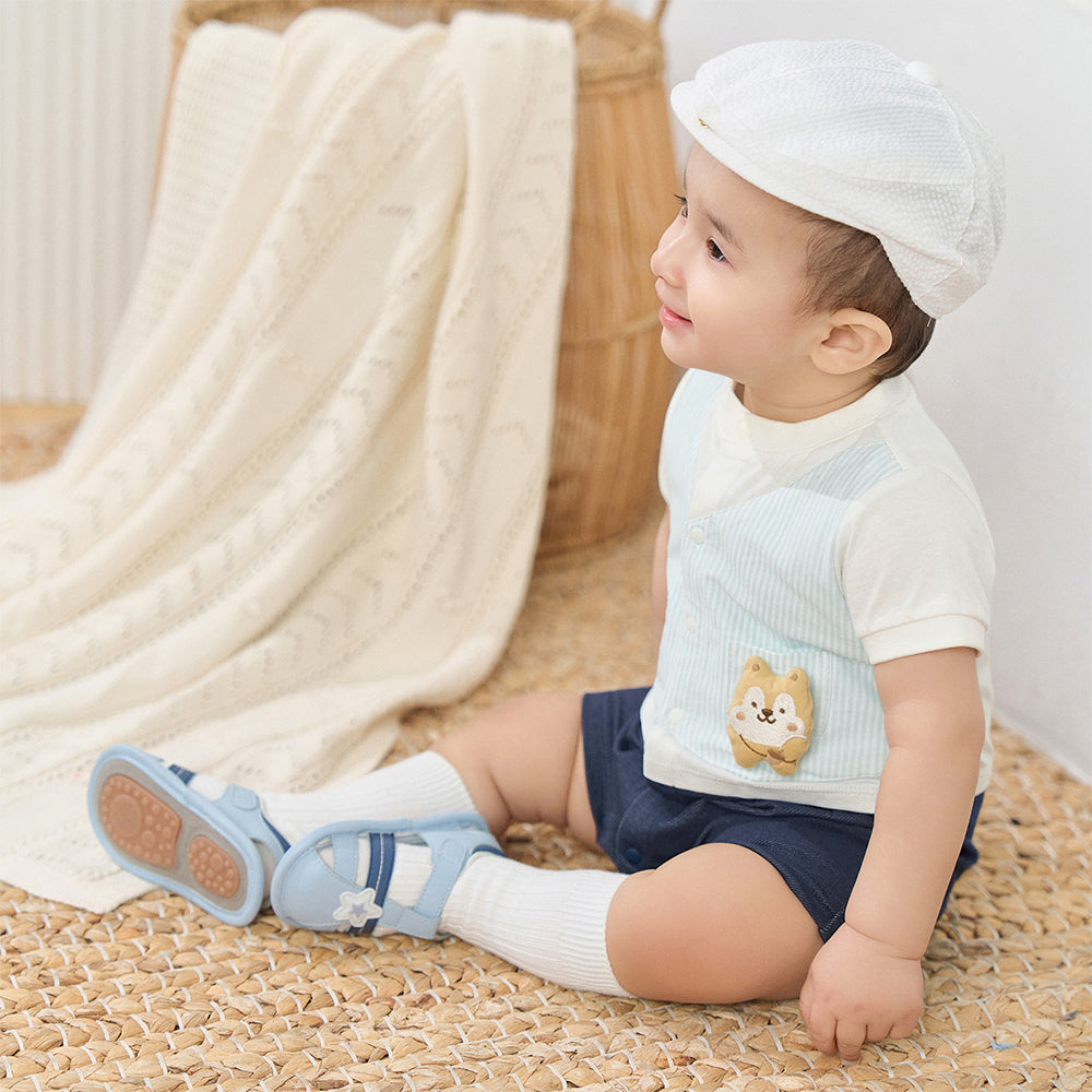 Dave&Bella Baby Boys Summer Blue White Striped Casual Soft Round Collar Rompers