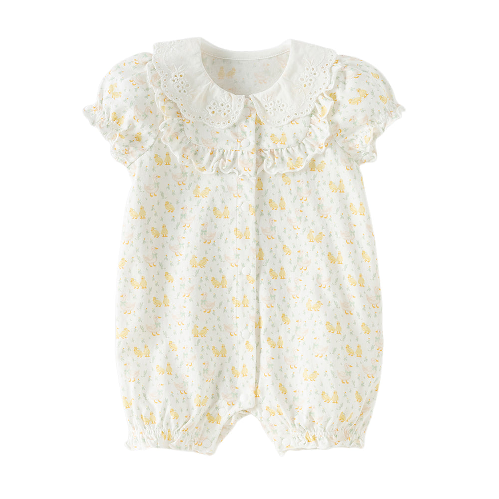 Dave&Bella Baby Girls Summer Cute Duck Print Beige Breathable Cotton Rompers