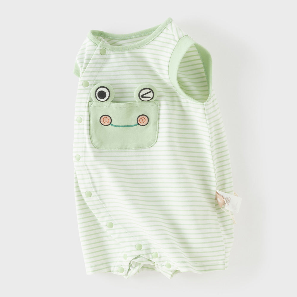 Dave&Bella Summer Baby Boys Green Striped Cute Frog Design Soft Lightweight Romper