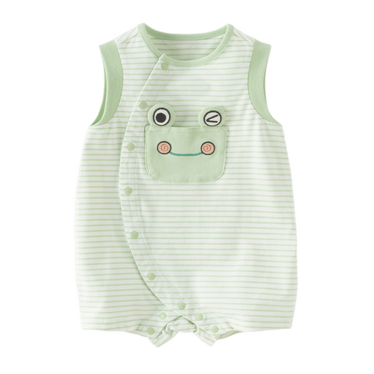 Dave&Bella Summer Baby Boys Green Striped Cute Frog Design Soft Lightweight Romper