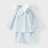 Dave&Bella Summer Toddler Girls Blue Soft Stylish V-neck Sleeveless Top Shorts Sets