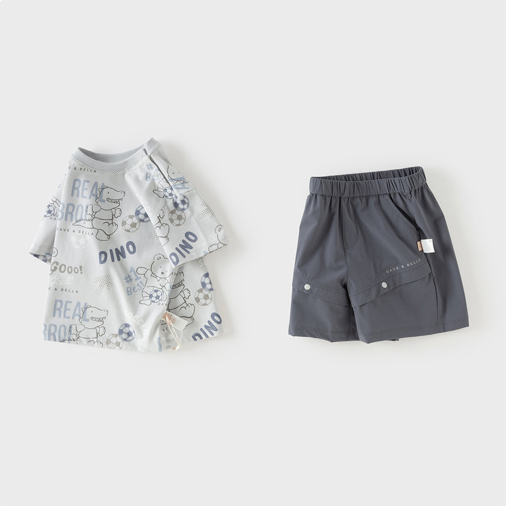 Dave&Bella Toddler Boys Summer Grey Animal Print Casual Lightweight Outfit Sets