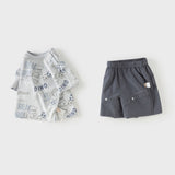 Dave&Bella Toddler Boys Summer Grey Animal Print Casual Lightweight Outfit Sets