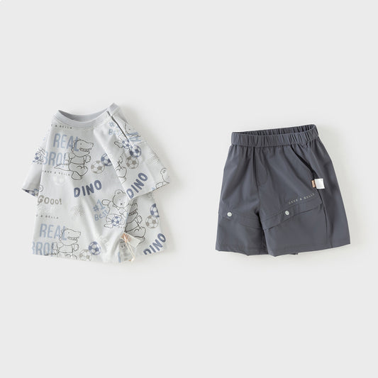 Dave&Bella Toddler Boys Summer Grey Animal Print Casual Lightweight Outfit Sets