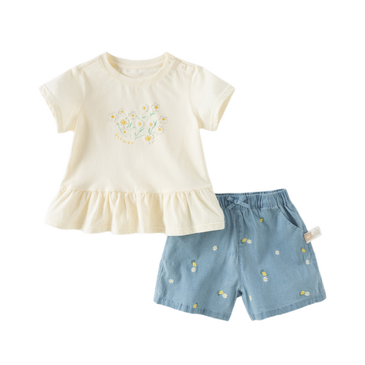 Dave&Bella Summer Toddler Girls Charming Yellow Short Sleeve Comfortable Top Short Sets