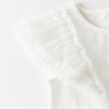 Dave&Bella Toddler Girls Summer White Cartoon Print Mesh Flutter Sleeve Casual T-shirts