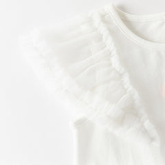 Dave&Bella Toddler Girls Summer White Cartoon Print Mesh Flutter Sleeve Casual T-shirts