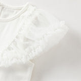 Dave&Bella Toddler Girls Summer White Cartoon Print Mesh Flutter Sleeve Casual T-shirts