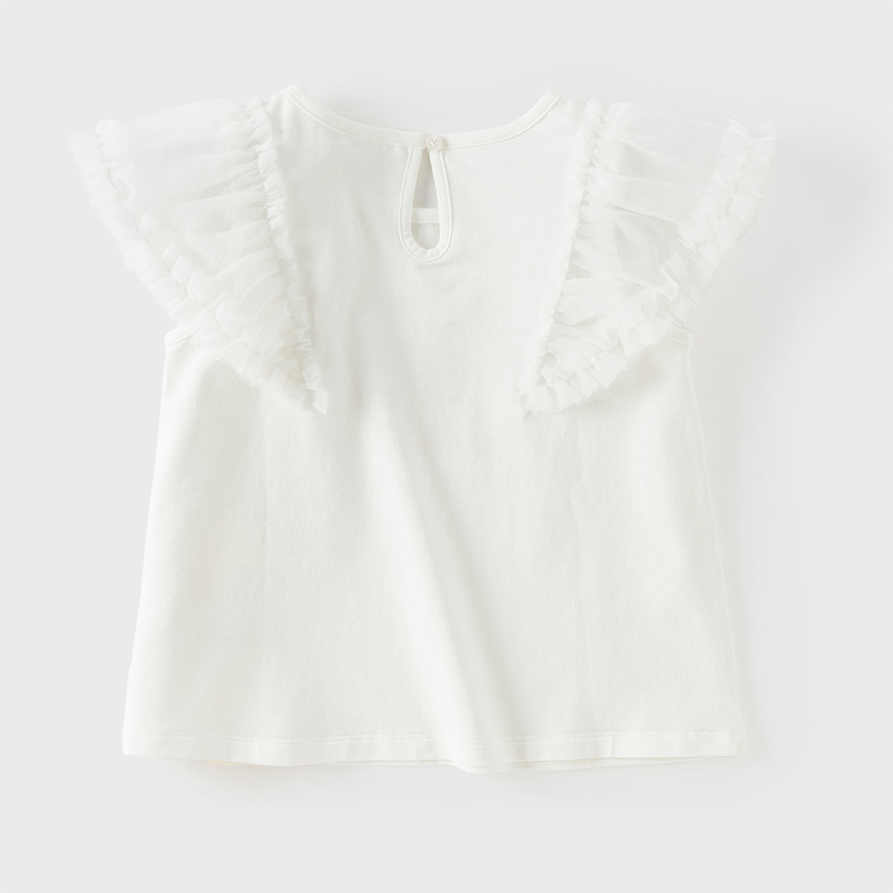 Dave&Bella Toddler Girls Summer White Cartoon Print Mesh Flutter Sleeve Casual T-shirts