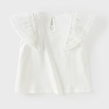 Dave&Bella Toddler Girls Summer White Cartoon Print Mesh Flutter Sleeve Casual T-shirts