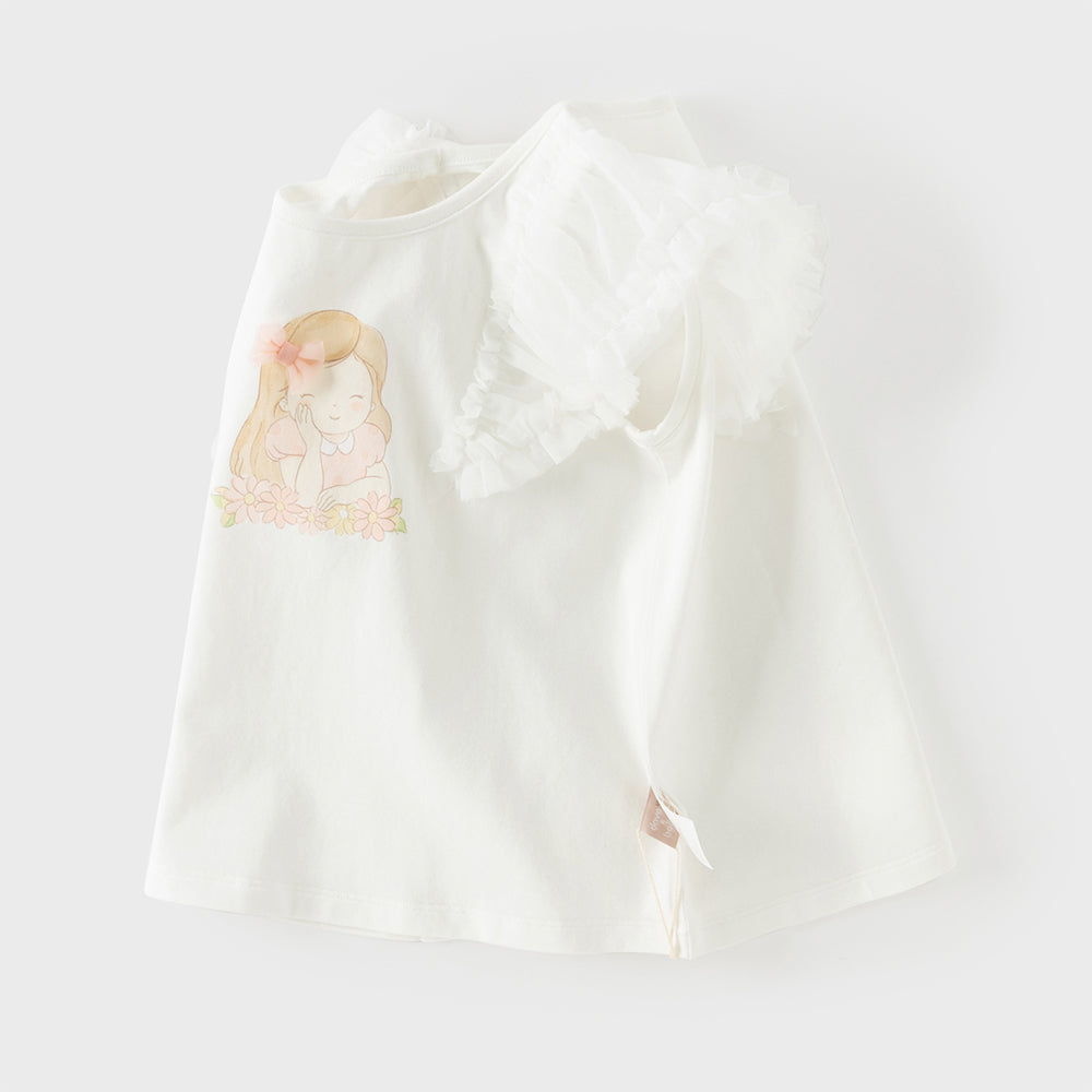 Dave&Bella Toddler Girls Summer White Cartoon Print Mesh Flutter Sleeve Casual T-shirts