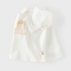 Dave&Bella Toddler Girls Summer White Cartoon Print Mesh Flutter Sleeve Casual T-shirts