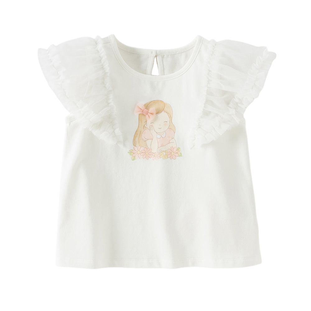 Dave&Bella Toddler Girls Summer White Cartoon Print Mesh Flutter Sleeve Casual T-shirts