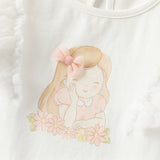 Dave&Bella Toddler Girls Summer White Cartoon Print Mesh Flutter Sleeve Casual T-shirts