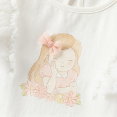 Dave&Bella Toddler Girls Summer White Cartoon Print Mesh Flutter Sleeve Casual T-shirts