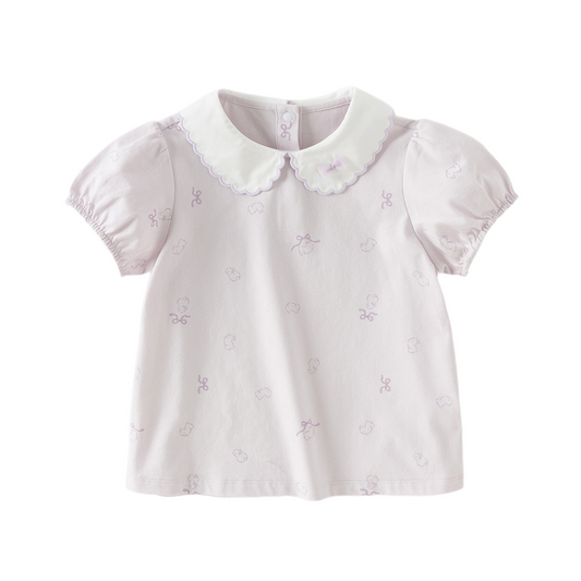 Dave&Bella Summer Toddler Girls Purple/White Doll Collar Breathable Cotton T-shirts