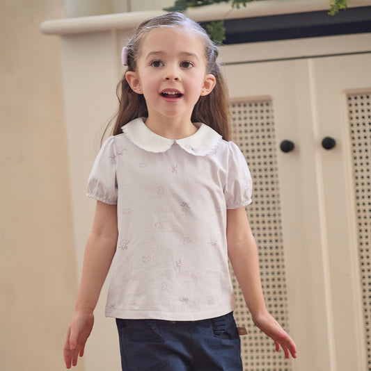 Dave&Bella Summer Toddler Girls Purple/White Doll Collar Breathable Cotton T-shirts