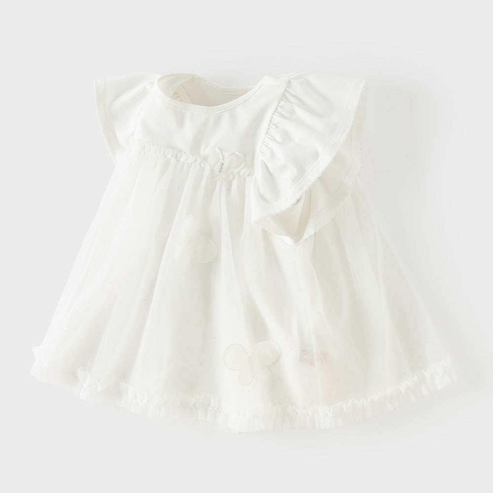 Dave&Bella Summer Toddler Girls Elegant Beige Flutter Sleeve Mesh Dress-style T-shirts