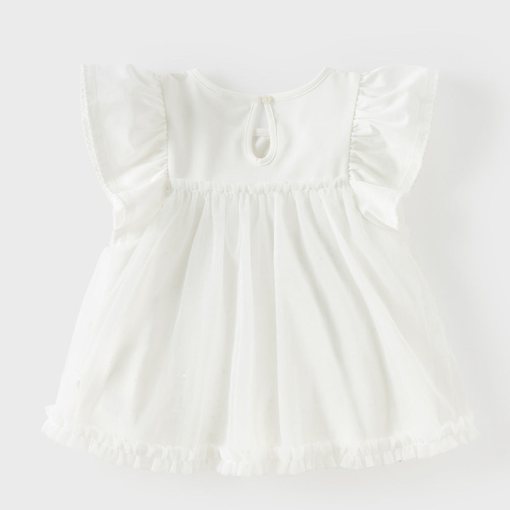 Dave&Bella Summer Toddler Girls Elegant Beige Flutter Sleeve Mesh Dress-style T-shirts