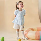Dave&Bella Toddler Girls Summer Stylish Blue White Striped Lightweight Dress-style Shirts