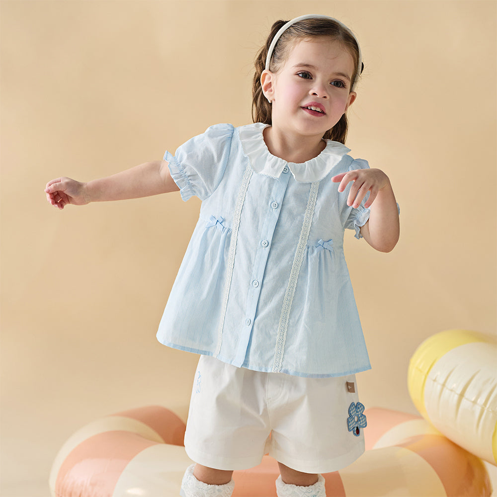 Dave&Bella Toddler Girls Summer Stylish Blue White Striped Lightweight Dress-style Shirts