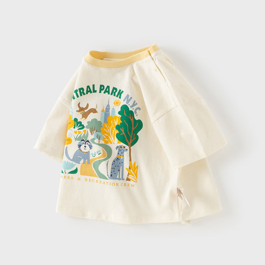 Dave&Bella Summer Toddler Boys Beige Short Sleeve Cotton Comfortable T-shirts