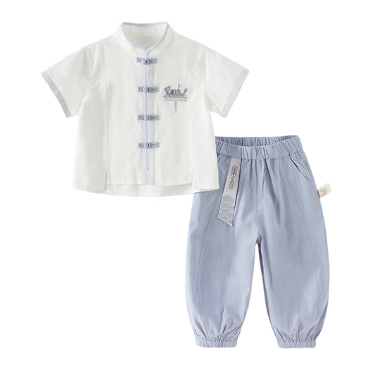 Dave&Bella Toddler Boys Summer Purple Chinese-style Turtle Comfortable Top Pant Suits