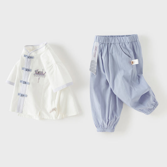 Dave&Bella Toddler Boys Summer Purple Chinese-style Turtle Comfortable Top Pant Suits