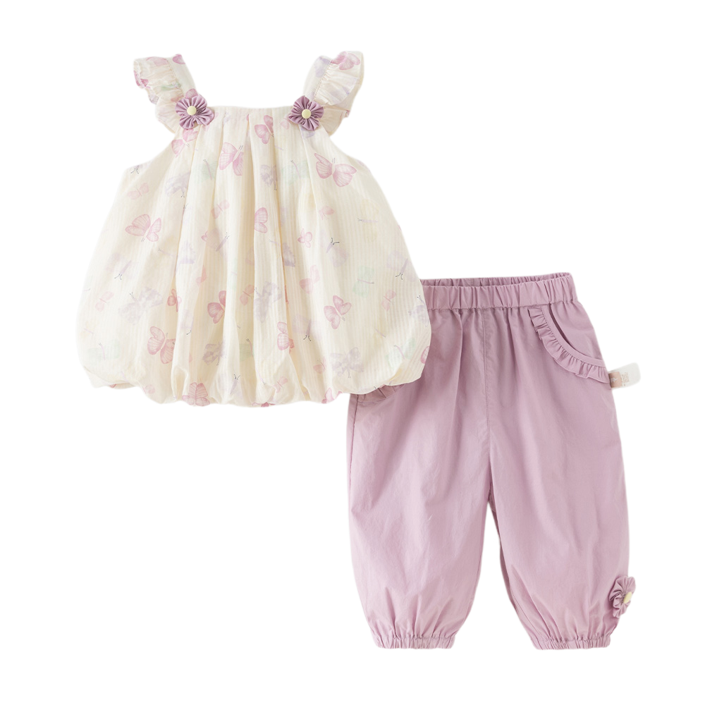 Dave&Bella Summer Toddler Girls Butterfly Print Stylish Square Collar Top Shorts Sets