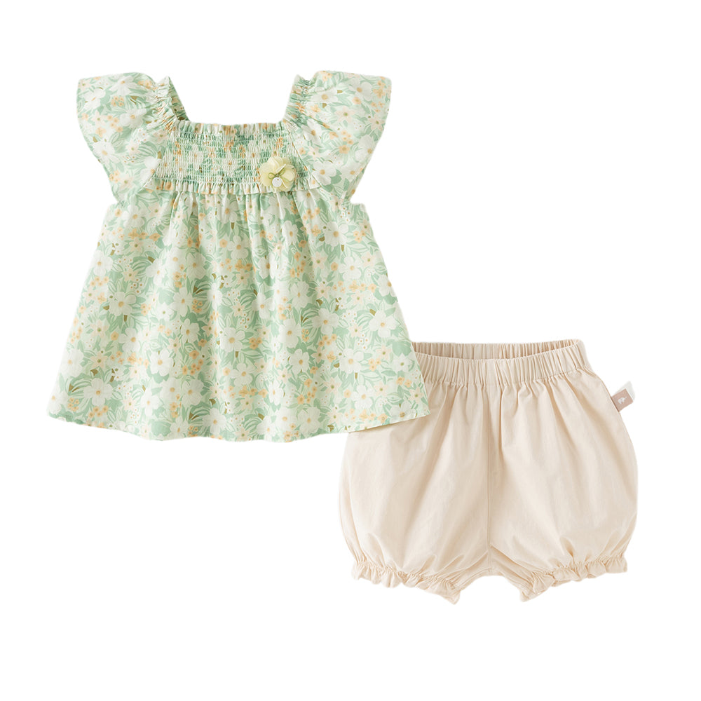 Dave&Bella Toddler Girls Summer Green Floral Sleeveless Cotton Top Shorts Outfit Sets