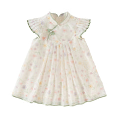 Dave&Bella Toddler Girls Summer Floral Chinese-style Flutter-sleeve Shining Mesh Dress