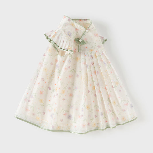 Dave&Bella Toddler Girls Summer Floral Chinese-style Flutter-sleeve Shining Mesh Dress