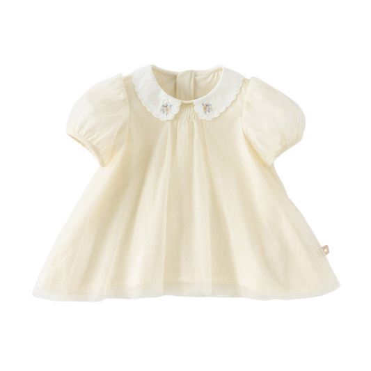 Dave&Bella Summer Toddler Girls Apricot Bubble Sleeve Comfortable Mesh A-line T-shirts