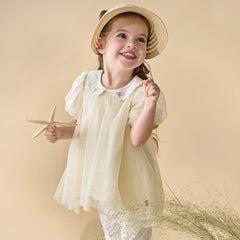 Dave&Bella Summer Toddler Girls Apricot Bubble Sleeve Comfortable Mesh A-line T-shirts