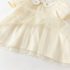 Dave&Bella Summer Toddler Girls Apricot Bubble Sleeve Comfortable Mesh A-line T-shirts