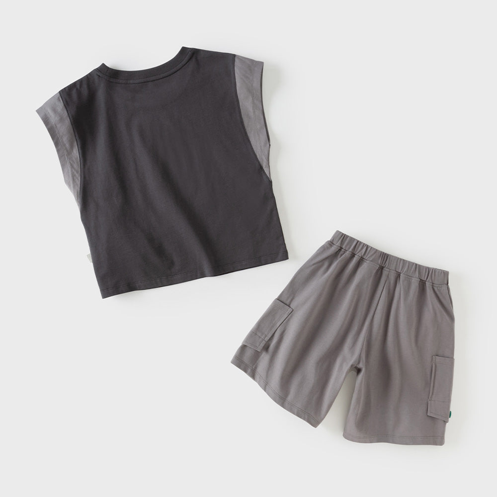 Dave&Bella Summer Kids Boys Grey Cartoon Print Cotton Soft Breathable Casual Outfit Sets