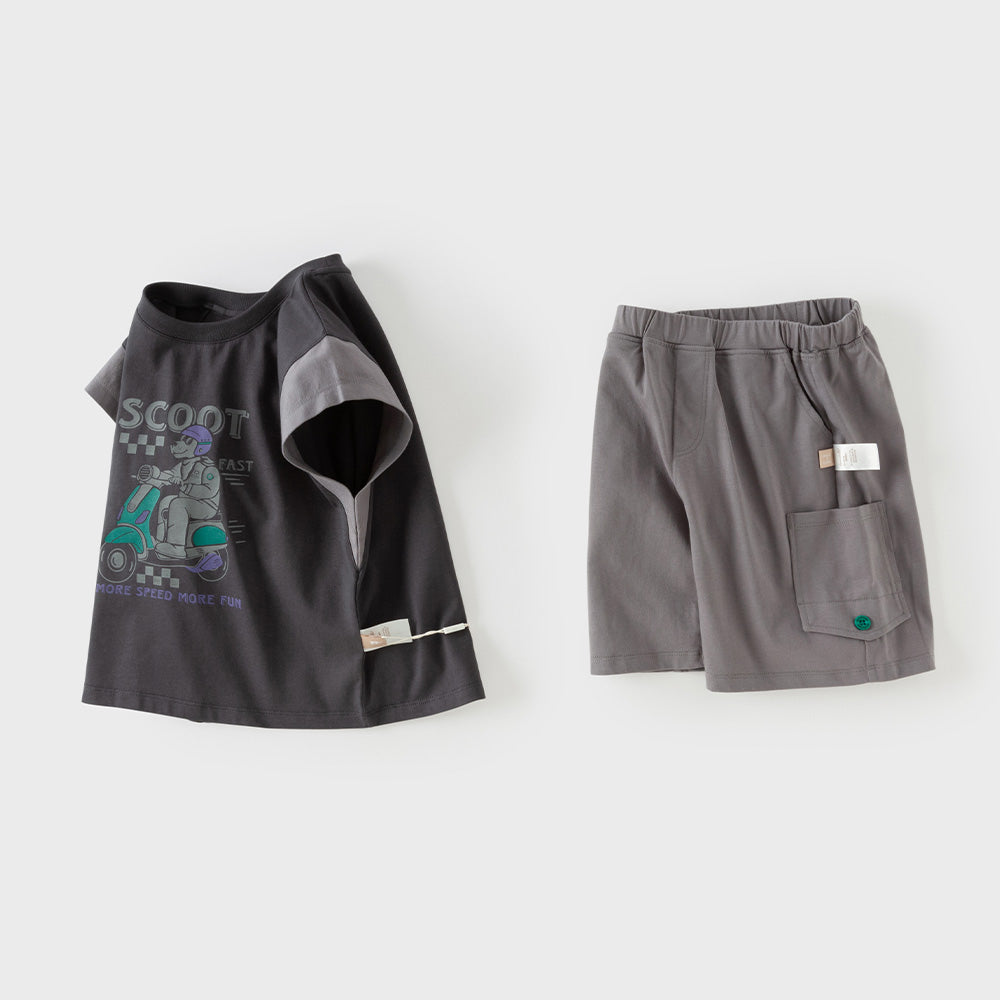 Dave&Bella Summer Kids Boys Grey Cartoon Print Cotton Soft Breathable Casual Outfit Sets