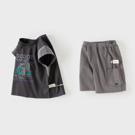 Dave&Bella Summer Kids Boys Grey Cartoon Print Cotton Soft Breathable Casual Outfit Sets