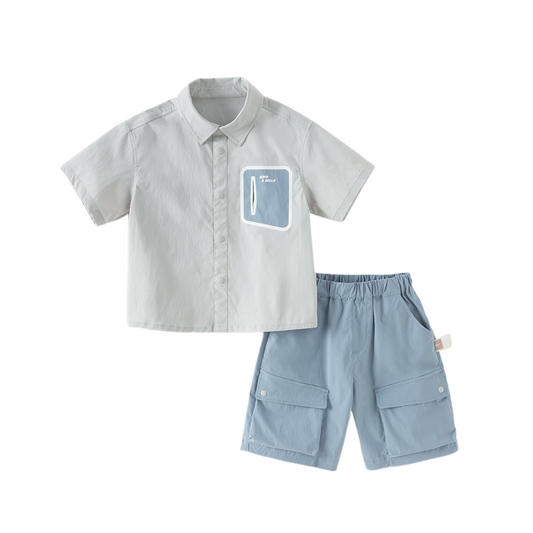 Dave&Bella Summer Kids Boys Elegant Grey Short Sleeve Casual Comfortable Outfit Sets