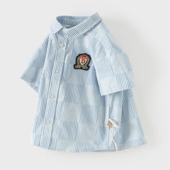 Dave&Bella Toddler Boys Summer Stylish Blue White Striped Formal Cotton Shirts