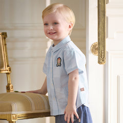 Dave&Bella Toddler Boys Summer Stylish Blue White Striped Formal Cotton Shirts