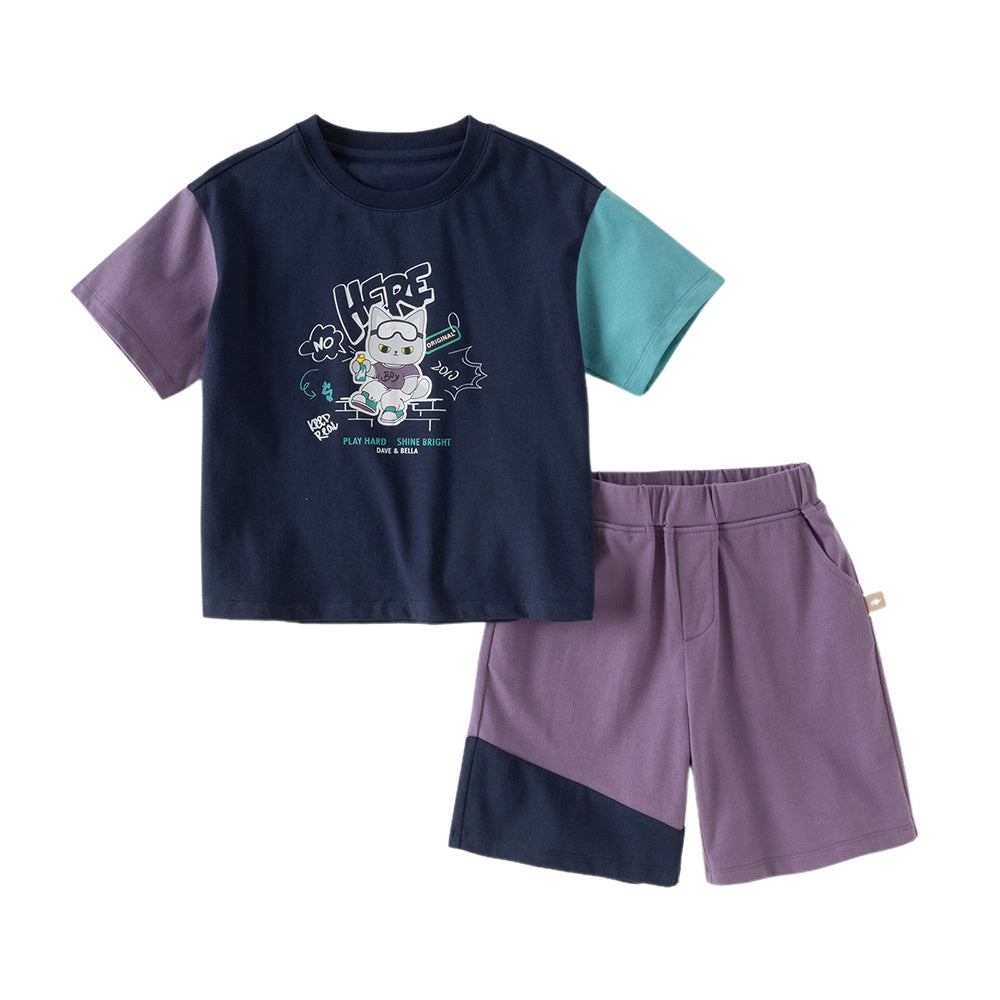 Dave&Bella Kids Boys Summer Purple/Apricot Short Sleeve Comfortable Sports Outfit Sets