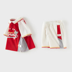 Dave&Bella Toddler Boys Summer Red/Black Polo Collar Outdoor Sports Outfit Sets