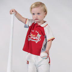 Dave&Bella Toddler Boys Summer Red/Black Polo Collar Outdoor Sports Outfit Sets