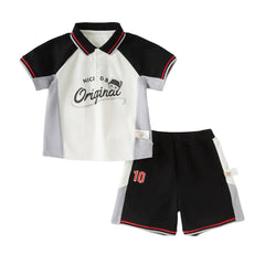 Dave&Bella Toddler Boys Summer Red/Black Polo Collar Outdoor Sports Outfit Sets