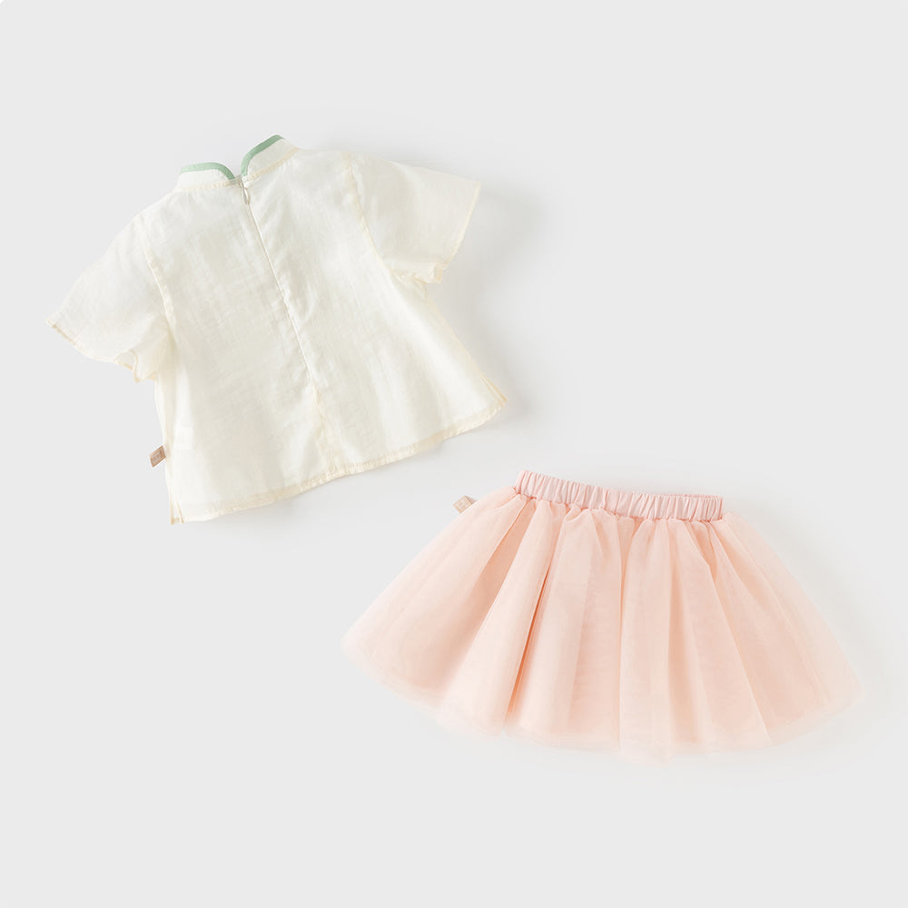 Dave&Bella Kids Girls Summer Milk White Chinese-style Embroidery Turtle Mesh Skirt Suits