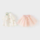 Dave&Bella Kids Girls Summer Milk White Chinese-style Embroidery Turtle Mesh Skirt Suits
