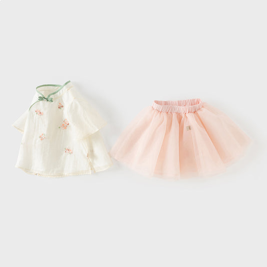Dave&Bella Kids Girls Summer Milk White Chinese-style Embroidery Turtle Mesh Skirt Suits